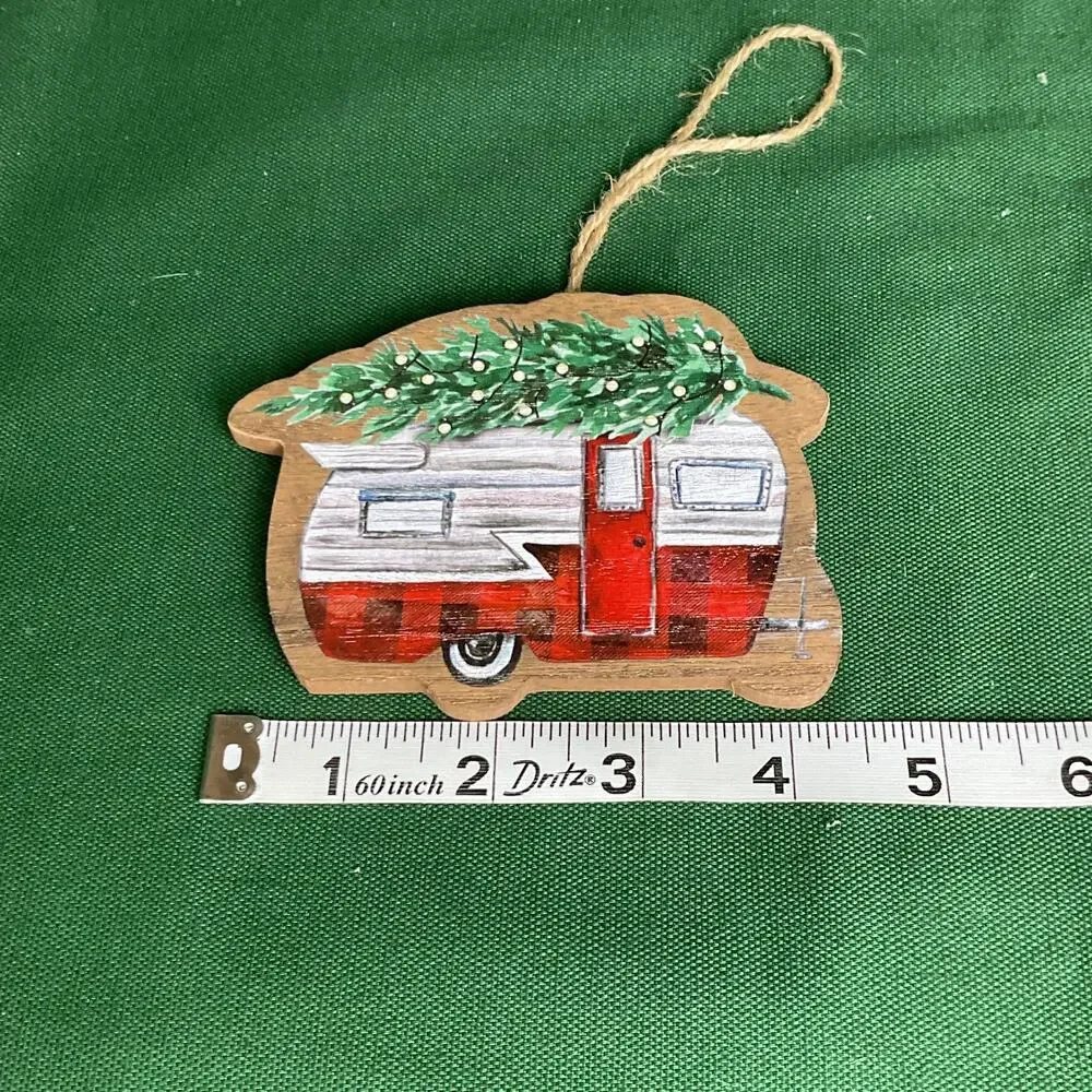 Vintage Camper Wooden Christmas Ornament - Red Buffalo Plaid RV with Tree